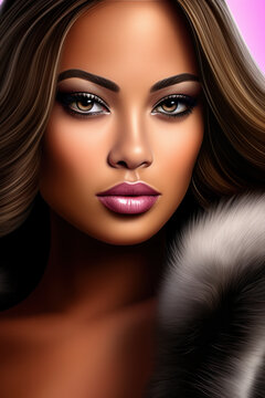 Winter Fashion Style. Beautiful Woman In Fur. Portrait Of Young Sexy Model With Beauty Makeup On Gorgeous Face In Luxury Faux Fur Coat.