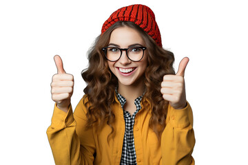 good nice girl young luck cute positive smiling female attire casual fit template success space thumb sporty grey copy attractive isolated yes people like Cheerful hipster woman showing thumbs up - obrazy, fototapety, plakaty