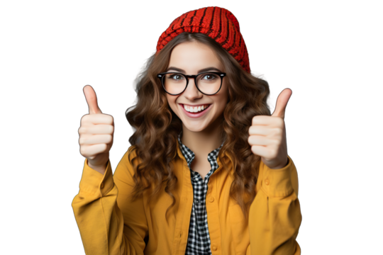 good nice girl young luck cute positive smiling female attire casual fit template success space thumb sporty grey copy attractive isolated yes people like Cheerful hipster woman showing thumbs up - Powered by Adobe