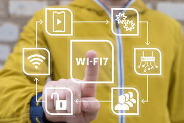 Man using virtual touchscreen clicks text: WI-FI 7. Wi-Fi 7 next standard latest generation of...
