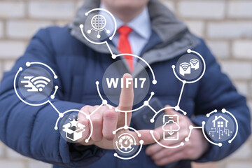 Man using virtual touchscreen clicks text: WIFI7. WiFi7 Next Generation Networking Communication...