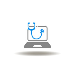 Vector illustration of laptop with stethoscope. Icon of online doctor. Symbol of web medical advice.
