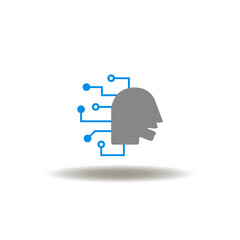Vector illustration of head with circuit. Icon of AI Artificial Intelligence. Symbol of computer robotic machine.