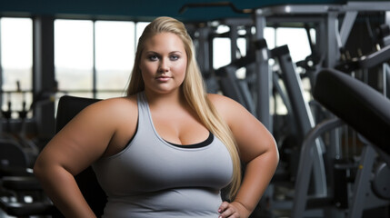 Fototapeta na wymiar Active plus size woman after training in fashionable sporty clothes posing together, smiling. People lifestyle. Gym, healthy lifestyle concept. Body acceptance.