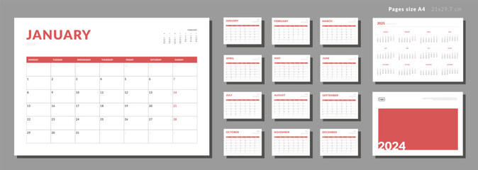 Set of Monthly pages Calendar Planner Templates 2024 for wall or desk with Cover and place for Photo, Company Logo. Vector layout of simple calendar with week start Monday for print. Pages for size A4