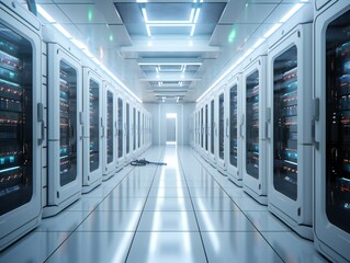 server room data center with hard drives in blue light