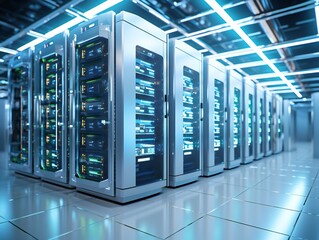 server room data center with hard drives in blue light