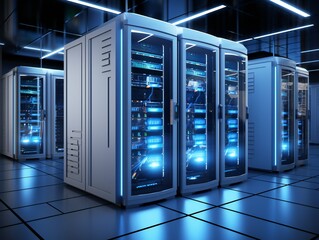 server room data center with hard drives in blue light