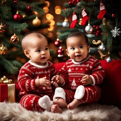 Fototapeta na wymiar Two adorable babies dressed in matching Christmas pajamas, snugly sitting on a cozy couch in a warmly lit living room with a beautifully decorated Christmas tree.