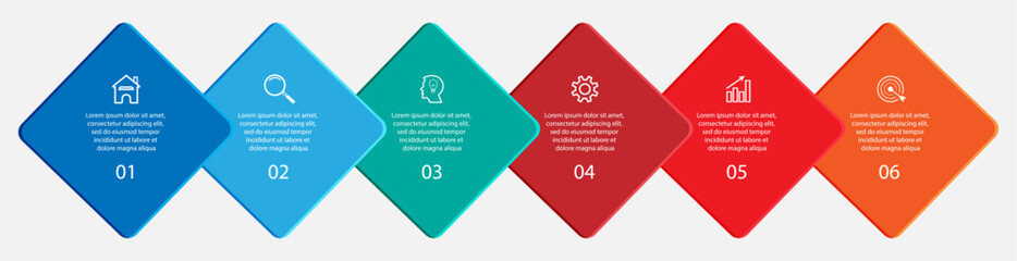 business infographic template six option or steps. colorful vector design in various colors with icon, text,
number used for flow diagrams, presentations 
in your business