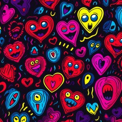 Strange ugly hearts with faces, Neon, Vector clipart Valentine seamless pattern, Red and pink, illustration, Funky doodle trendy print, colorful handdrawn childish cartoon art. Groovy fauve weird odd 