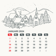Calendar for January 2024. Vector illustration template
