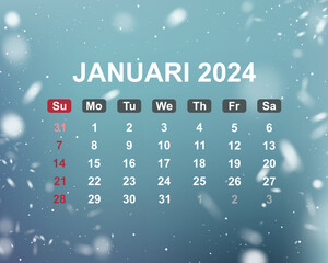 Calendar for January 2024 on snowfall background. Vector illustration
