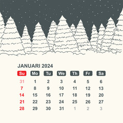 Calendar for January 2024. Vector illustration 
