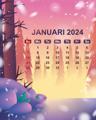 Calendar for January 2024 with the image of the winter forest
