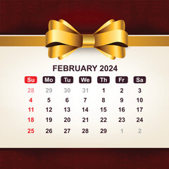 Calendar 2024 february with gold bow. Vector illustration
