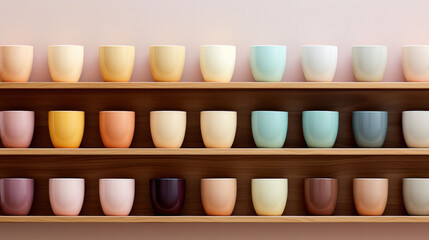 A shelf displaying an assortment of pastel-colored ceramic cups, offering a visual feast of minimalist design and soft hues.