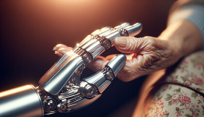Cose up of an old woman hand holding a robotic hand