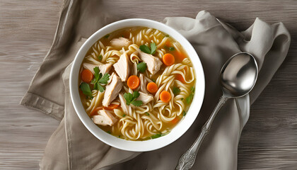 Chicken pasta soup with carrots in a bowl on a wooden table. Top view. - Generative AI	