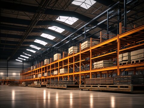 Warehouse or storehouse with rows of shelves and boxes. Industrial and industrial background