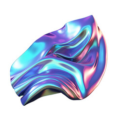 Holographic flowing iridescent colored foil or shape on transparent background. Generative AI