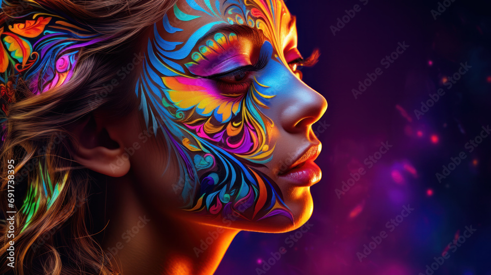 Wall mural fashion model woman in neon light, portrait of beautiful model with fluorescent make-up, art design  - Wall murals