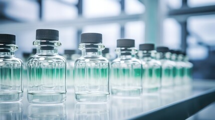 Medical glass little vials for liquid product at pharmaceutical factory. 