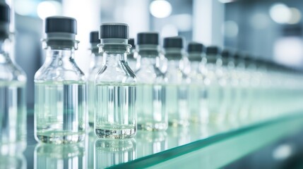 Medical glass little vials for liquid product at pharmaceutical factory. 