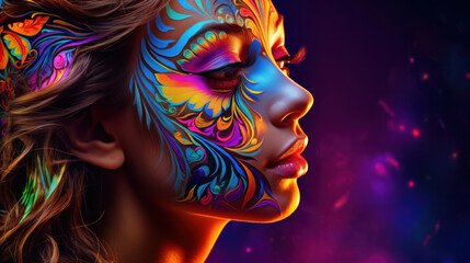 Fashion model woman in neon light, portrait of beautiful model with fluorescent make-up, Art design...