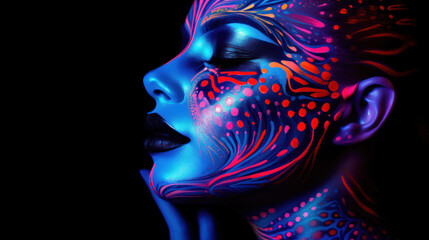 Fashion model woman in neon light, portrait of beautiful model with fluorescent make-up, Art design of female disco dancers posing in UV, colorful make up. Isolated on black background