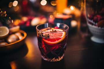 Glass of traditional mulled wine with orange and cranberry garnishes on a cozy Christmas table. The background is blurred with bokeh lights and candles, creating a warm and festive atmosphere