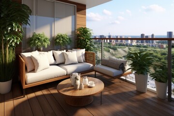 Balcony with flowering plants and lounging sofa