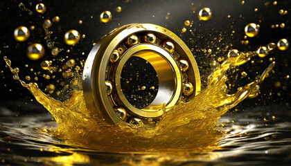 Close-up of bearing in oil splash lubrication, industrial bearing lubricant, oil bath lubrication method. - obrazy, fototapety, plakaty