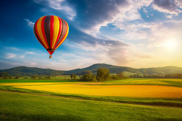 A colorful hot air balloon floats in sky over a blooming field meadow of flowers landscape at sunset with orange and blue skies in the background. Travel journey adventure beauty of nature concept