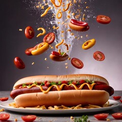 Hot dogs, sausage on bun with mustard and ketchup - obrazy, fototapety, plakaty