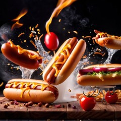 Hot dogs, sausage on bun with mustard and ketchup - obrazy, fototapety, plakaty