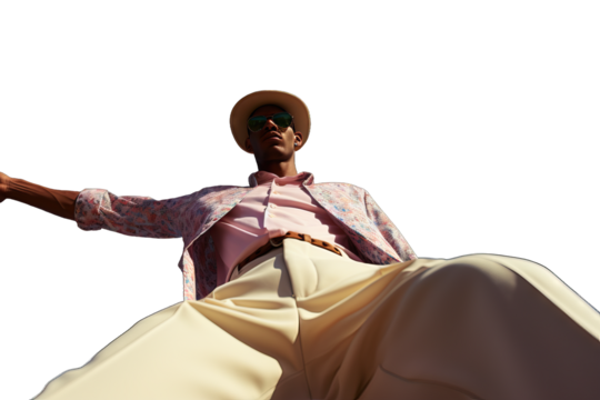 attire casual outside pant shirt clear stylish fashion style sunshine nature outdoors adult young season striped white bottom view african american man posing trendy summer clothes blue sunny sky