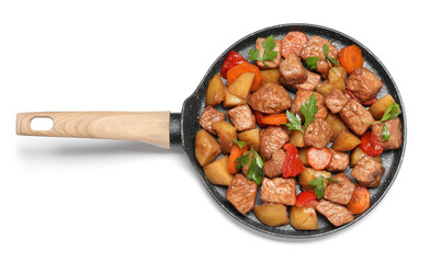 Frying pan with delicious goulash isolated on white, top view