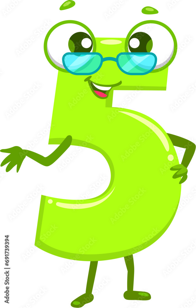 Poster cartoon funny math number five character. arithmetic teacher number, school math or kids education f
