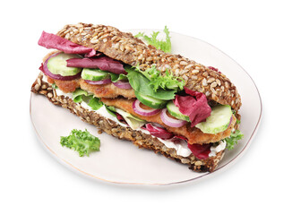 Delicious sandwich with schnitzel isolated on white