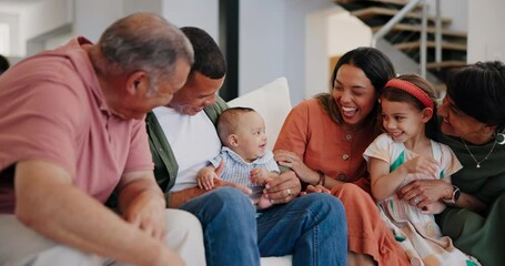 Big family, baby and parents play on sofa in home, bond and smile together. Mother, father and newborn child with grandparents in living room, laughing in healthy relationship and care, love or talk - Powered by Adobe