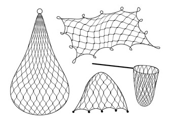 Gillnet or gill and fish trap, bottom net of fishing and fishery industry, vector icons. Fishnet or fisher net trap for angling or hunting, fisherman hoop net or gill and fish cage catcher - obrazy, fototapety, plakaty