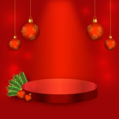 Merry Christmas red background with 3d podium for product display
