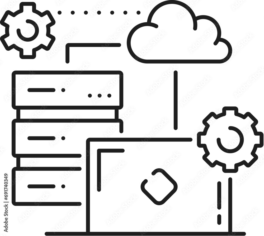 Poster system administrator it specialist icon of server data cloud and computer network, line vector. sysa