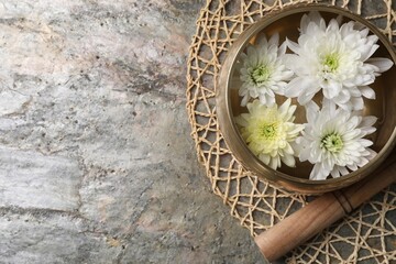 Tibetan singing bowl with water, beautiful chrysanthemum flowers and mallet on table, top view....