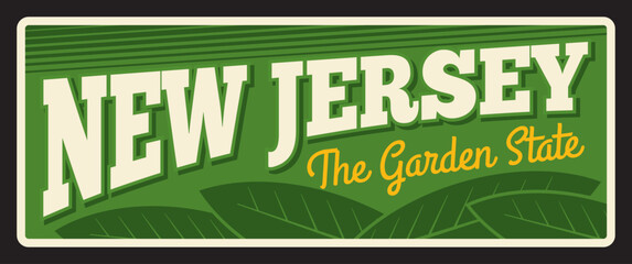 Retro banner New Jersey garden state, retro travel plate. Vector vintage banner, sign for tourism destination, retro board, antique signboard, touristic landmark plaque. Trenton capital