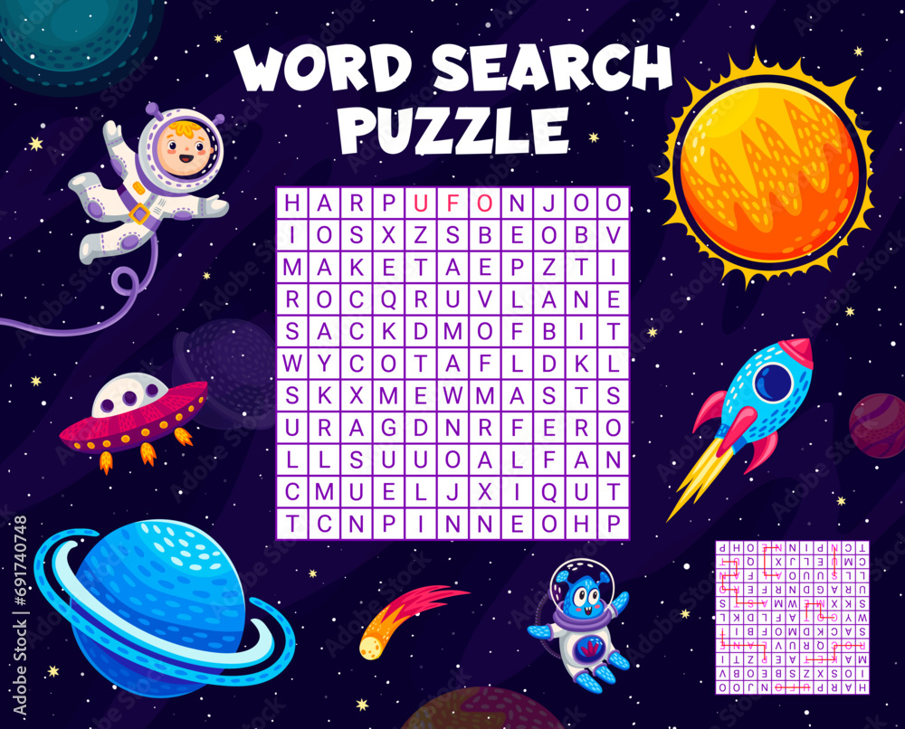 Poster word search puzzle game, astronaut and rocket between space planets, vector quiz worksheet. alien uf