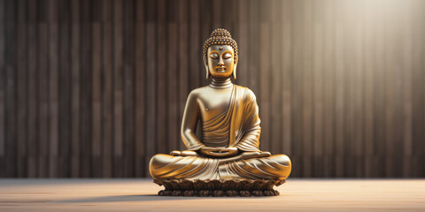 Bronze statue of Buddha meditating on a lotus throne, alone in a large space, behind a wooden wall