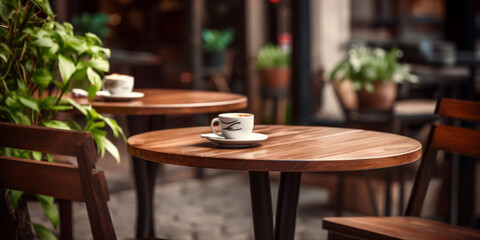 Fototapeta premium Cup of coffee placed on a round wooden table, next to a green tree, behind a blurred background
