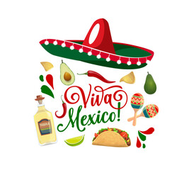 Viva mexico banner with sombrero and Tex Mex food. Mexico national holiday, independence day party print or banner with avocado, taco, tequila and chilli pepper, maracas and handwritten typography